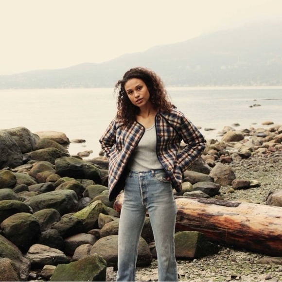 Doen Sedona Quilted Wool Silk Jacket Belleville Plaid Blue Brown Small EUC - Picture 8 of 10